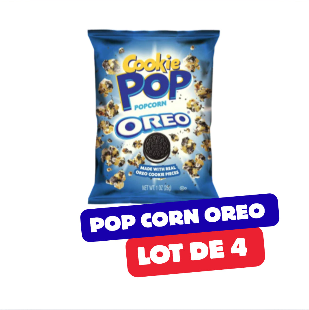 Cookie Pop Popcorn Oreo 28g Lot de 4 avec morceau de biscuits Oreo. Snack sucré et croustillant.