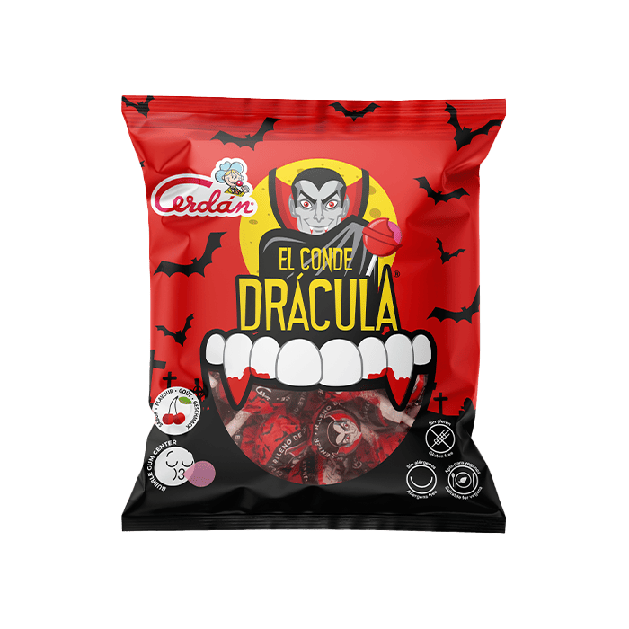 10 Sucettes Dracula fourrée de chewing-gum cerise