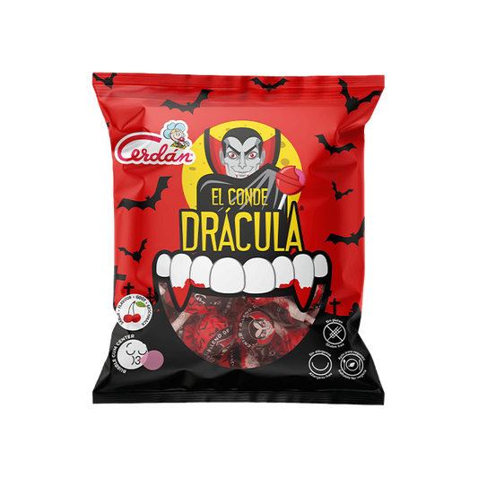 10 Sucettes Dracula fourrée de chewing-gum cerise