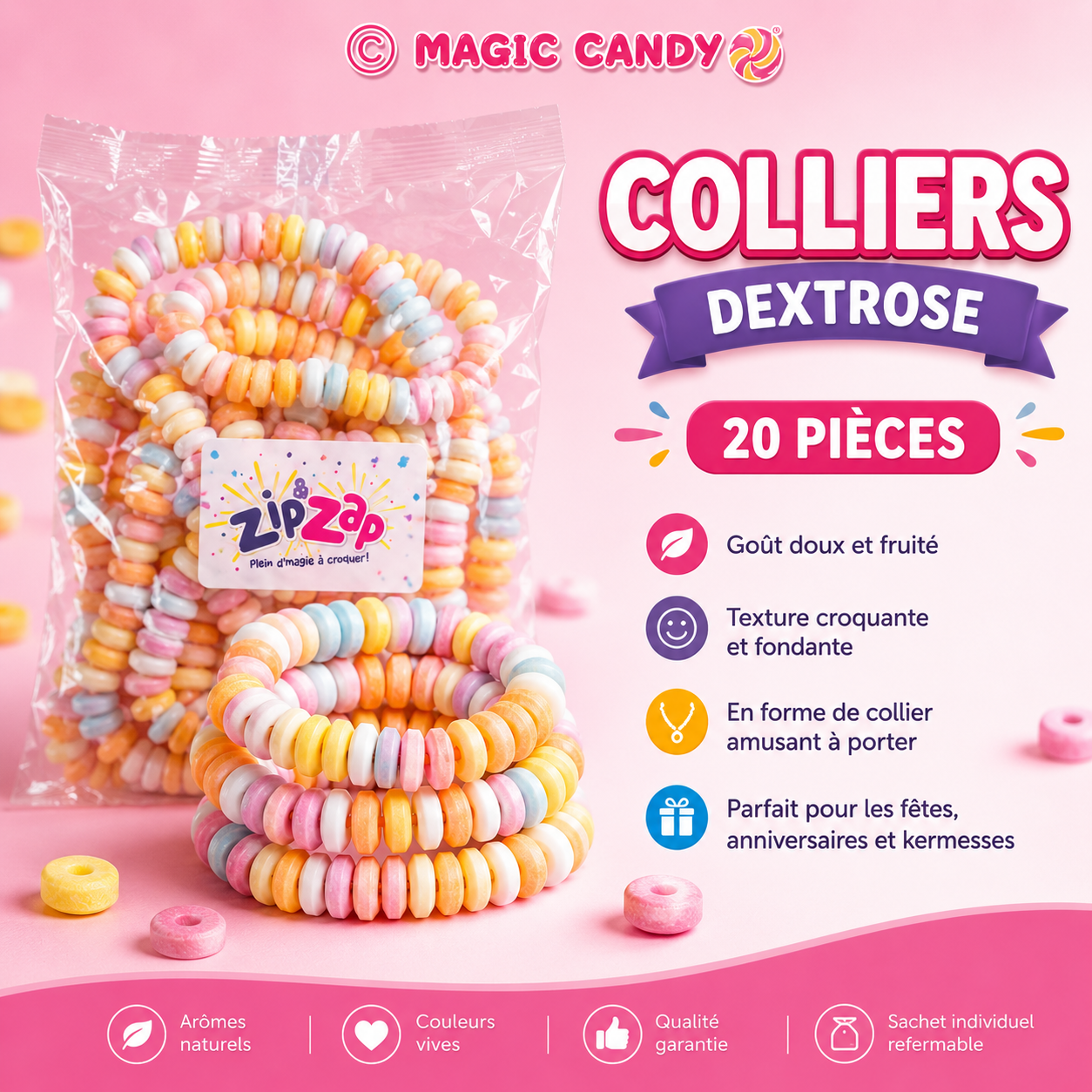 Colliers bonbons dextrose (20 pièces)